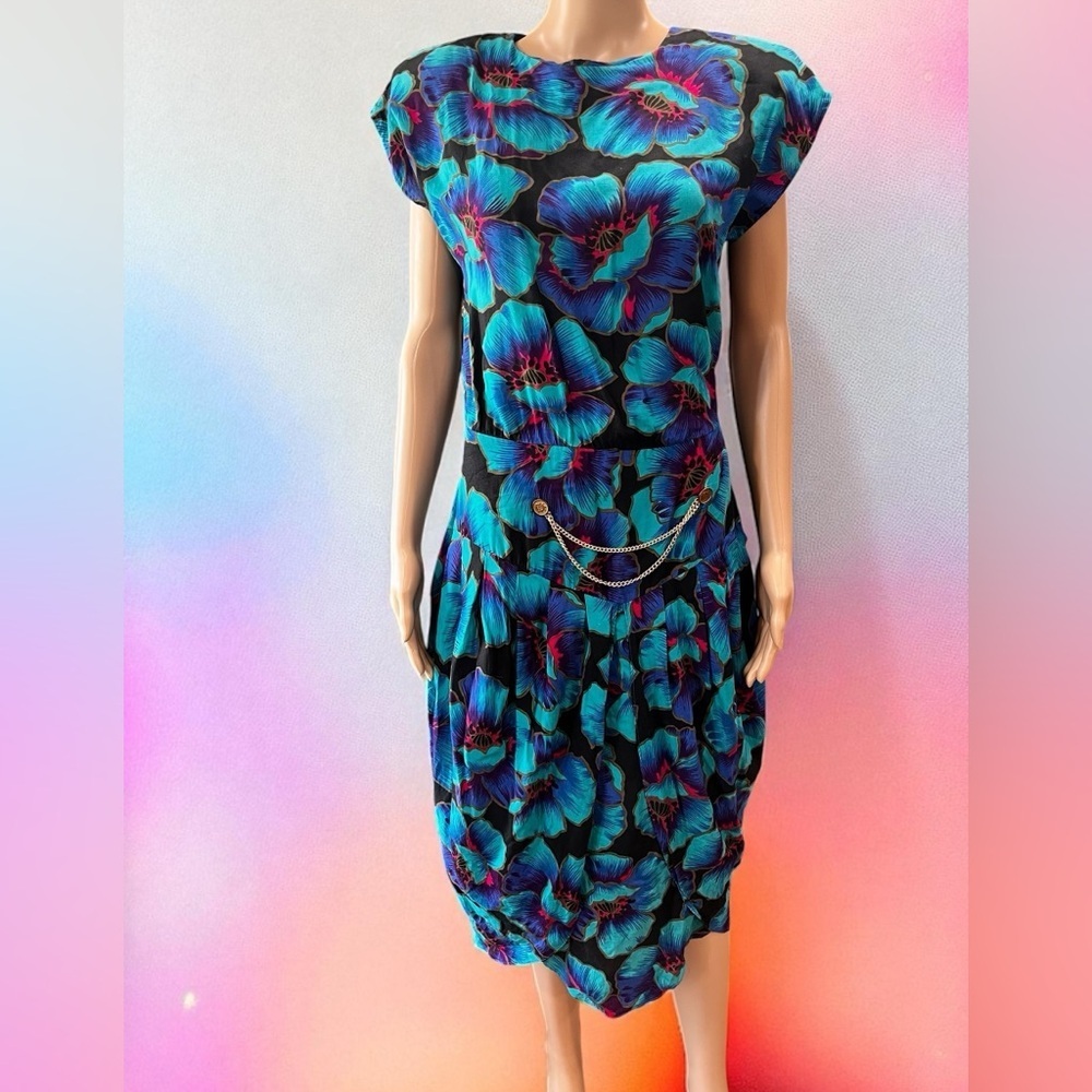 Beau Monde blue floral peplum bold watercolor vintage 80’s dress 12